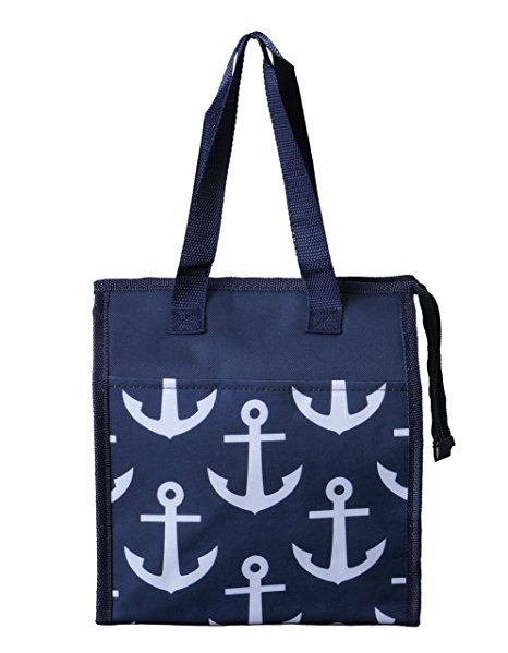 Insulated Lunch Bag for Women by Bayfield: Nautical Navy/White Anchor Print Thermal Tote Lunch Box-10x9x6