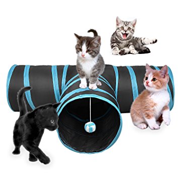 Cat Tunnel, GOTITENI 3 Way Pet Cat Polyester Tunnel Toy Tunnels Tube with Pompon for Pets Cats Rabbits Dogs, Collapsible and Waterproof