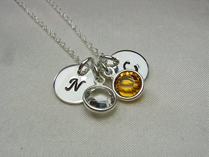 Personalized Necklace Sterling Silver Initial Necklace Crystal Birthstone Mothers Necklace Monogram Jewelry