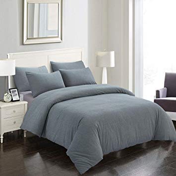 ATsense Duvet Cover Queen, 100% Washed Cotton, Bedding Duvet Cover Set, 3-Piece, Ultra Soft and Easy Care, Simple Style Farmhouse Bedding Set (Grey 7004-7)