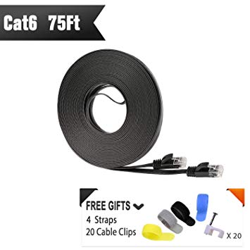 Cat 6 Ethernet Cable 75 ft (at a Cat5e Price but Higher Bandwidth) Flat Internet Network Cable Support 1Gbps 250 Mhz - Black Computer LAN Cable   Free Clips and Straps for Router Xbox Modem