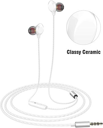 Cute Ceramic Earphones, 3.5mm in-Ear Graphene Hi-fi Headphones Clear Crystal Sound Rich Bass, Comfy Snug Fit Earbuds with Mic and Tangle-Free Braided Wire - Honesun (White)