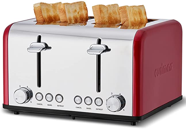 Toaster 4 Slice, CUSIMAX Stainless Steel Toaster, Bread Toasters 4 Extra Wide Slot with Bagel/Defrost/Cancle Function,6 Shade Settings with Removable Crumb Tray, Red