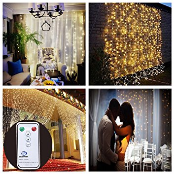 Outop 304LED 9.8FT Remote Controller Window Curtain String Lights 8 Modes with UL Certified Wedding Lights for Home, Party, Christmas Decorations(Warm White)