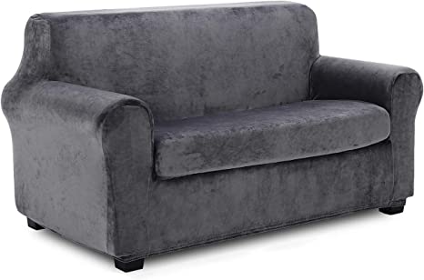 TIANSHU Fleece Slipcover 2 Piece, Soft Velvet Plush Couch Cover for Sofa, Stylish Luxury Furniture Covers, Anti-Slip High Stretch Slipcover for 2 Seat Sofa (Loveseat, Gray)