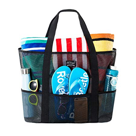 SoHo Collection, Mesh Beach Bag – Toy Tote Bag – Large Lightweight Market, Grocery & Picnic Tote with Oversized Pockets (Black and Black)