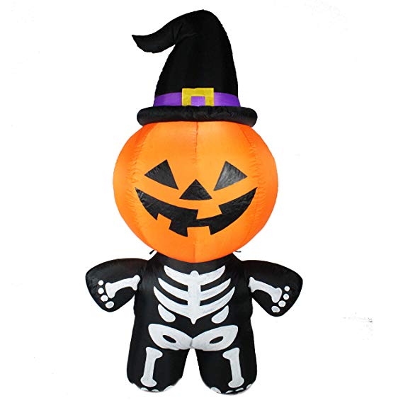Joiedomi Halloween 5 FT Inflatable Pumpkin Skeleton with a Witch Hat with Build-in LEDs Blow Up Inflatables for Halloween Party Indoor, Outdoor, Yard, Garden, Lawn Decorations