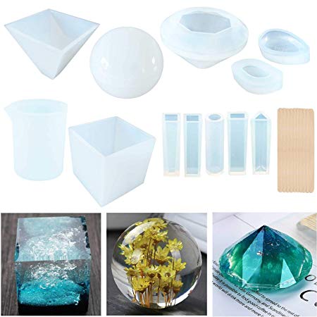 Topus 11 Packs Casting Molds for Resin,Soap,Wax etc,Including The Spherical, Cubic, Diamond, Pyramid, and Water Drop Shape Molds, with Measurement Cups& Wood Sticks.