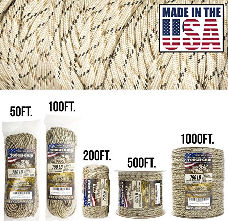 TOUGH-GRID 750lb Paracord/Parachute Cord - Genuine Mil Spec Type IV 750lb Paracord Used by the US Military (MIl-C-5040-H) - 100% Nylon - Made In The USA.