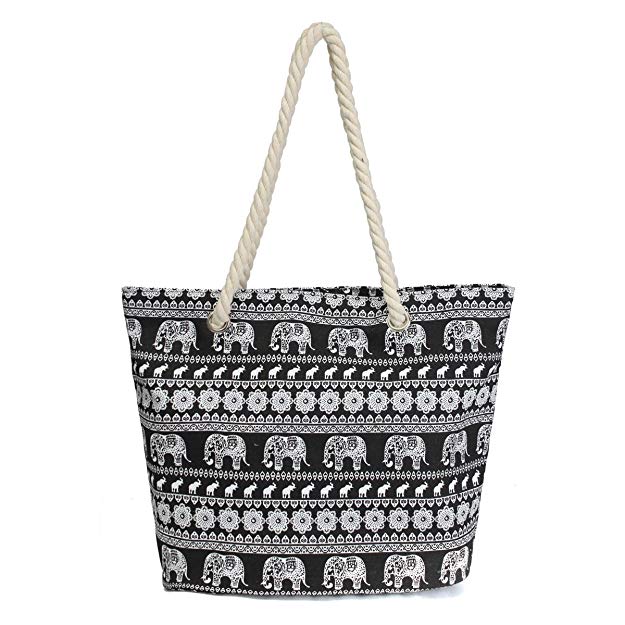 Nawoshow Canvas Fabric Elephant Pattern Beach Bag Rope Handle Tote Bag Handbag For Women