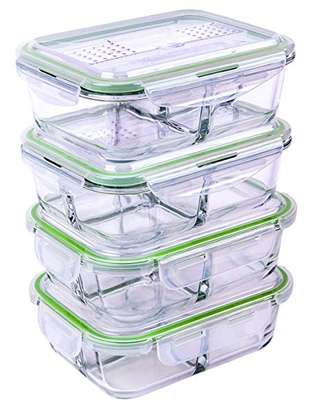 4 Pack FreshSav Series 35.5 oz 3-Compartment Glass Meal Prep Food Storage Containers Set Airtight Locking Lids | Microwave, Freezer, Oven & Dishwasher Safe | 2 Regular Lid   2 Lid with Utensils