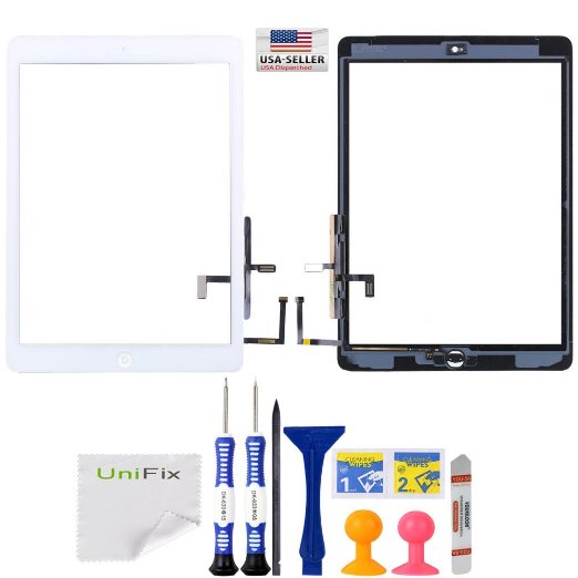 Unifix-White Digitizer Touch Screen Outer Glass Panel for iPad Air 1st Gen Generation with Home Button Flex Cable Assembly  Premium Tools  Adhesive Tape