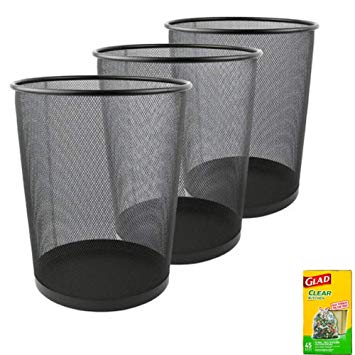 Greenco Mesh Wastebasket Trash Can, 6 Gallon, Black, 3 Pack with Free Trash Bag