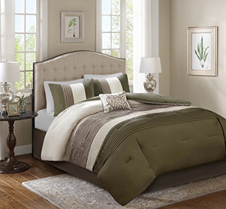 Comfort Spaces – Windsor Comforter Set- 5 Piece – Khaki, Brown, Ivory – Pintuck pattern – Full/Queen size, includes 1 Comforter, 2 Shams, 1 Decorative Pillow, 1 Bed Skirt