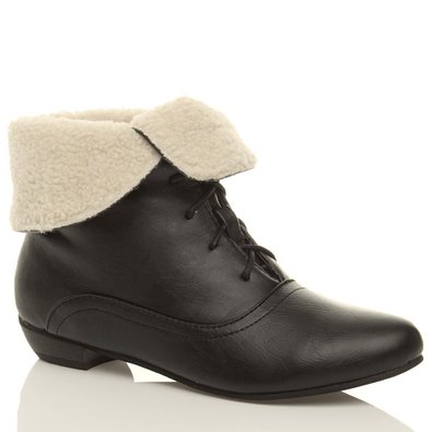Womens ladies lace up fur cuff fold over collar pixie ankle boots size