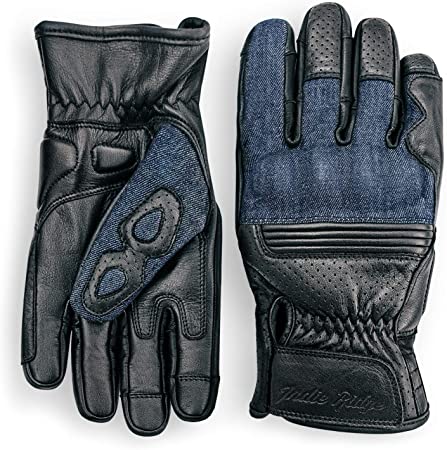 Denim & Leather Motorcycle Gloves (Black) With Mobile Touchscreen by Indie Ridge (Large)