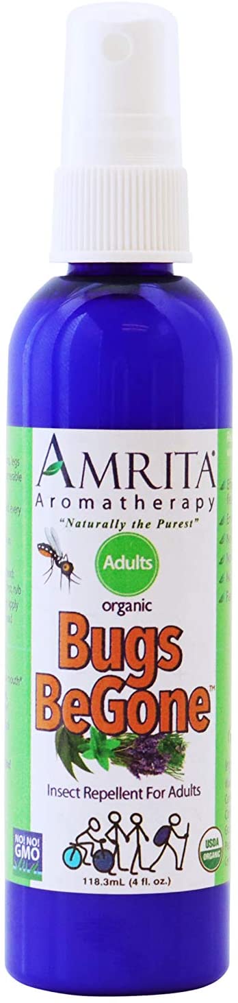 AMRITA Aromatherapy Organic Bugs BeGone Insect Repellent, DEET-Free Natural Essential Oil Blend with Lemon Eucalyptus, Effectively Repels Mosquitoes, Fleas, Ticks, Chiggers & More, 4 oz
