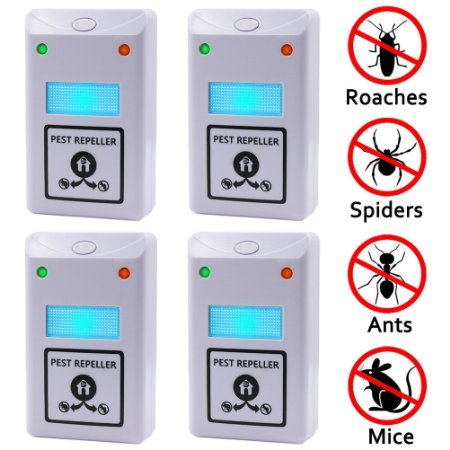 4PCS Ultrasonic Pest Repeller Repellent, Uses the Latest Ultrasonic Technology Againsts Rodents, Rats, Mice, Squirrels, Insects, Bugs, Spiders, Cockroaches, Flies, Ants [Free Night Light]