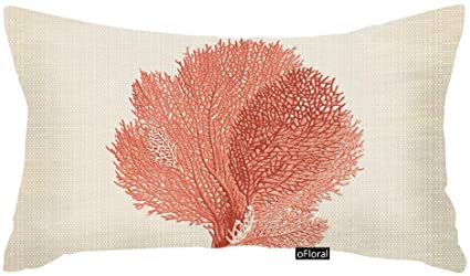 oFloral Home Decorative Cute Red Coral Throw Pillow Cover Coastal Theme Rectangle Pillowcases 12 X 20 Inch Cotton Linen Sofa Cushion Covers