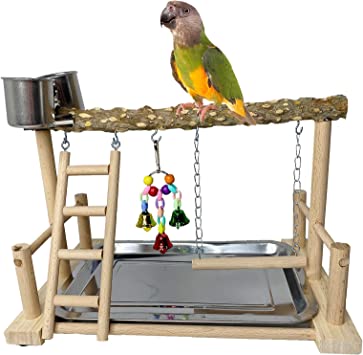 kathson Parrots Playground Bird Perch Wood Playstand Stand with Ladder Swing Feeder Cups Chew Toy for Parakeet Conure Cockatiel Budgie Lovebird Finch Small Birds