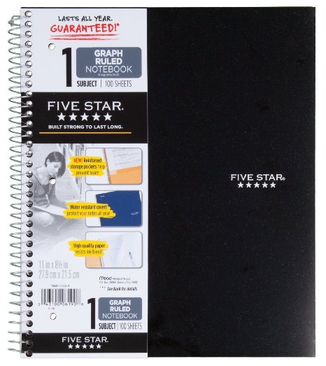Five Star Spiral Notebook, Graph Ruled, 1 Subject, 8.5 x 11 Inches, 100 Sheets, Assorted Colors, Pack Of 6
