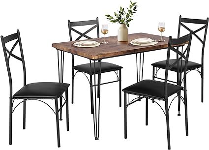 VECELO Kitchen Dining Room Table 4 Chairs for Small Space, Apartment,Metal Steel Frame, 5-Piece Set, Brown