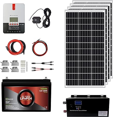 ECI Power 1.3KWH 12V Solar Power System Kit | LiFePO4 12V 100Ah, 400W Mono Solar Panels, 30A MPPT Solar Charge Controller, 2KW Pure Sine Wave Inverter Charger | RV, Trailer, Camper, Marine, Off Grid