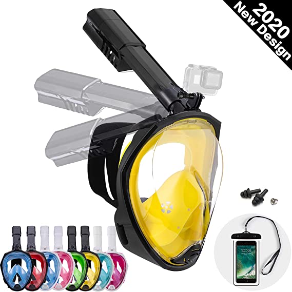 Dekugaa Full Face Snorkel Mask, Snorkeling Mask with Detachable Camera Mount, 180 Degree Panoramic Viewing Upgraded Dive Mask with Safety Breathing System Dry Top Set Anti-Fog Anti-Leak