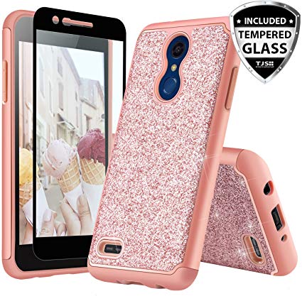 TJS Phone Case for LG K10 2018/K30/Premier Pro LTE/Harmony 2/Phoenix Plus/Xpression Plus, with [Tempered Glass Screen Protector] Glitter Bling Girls Women Design Dual Layer Heavy Duty (Rose Gold)