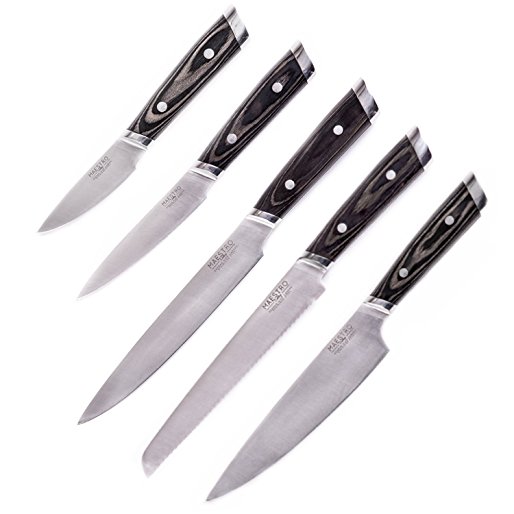 Maestro Cutlery Volken Series German High Carbon Stainless Steel 8” Inch Bread Knife, 8” Inch Chef’s Knife, 3.5” Inch Paring Knife, 8” Inch Slicing Knife, and 5” Inch Utility Knife with Black Wood Han