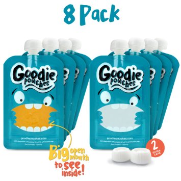 Reusable Food Pouch for Baby Toddler and Kids - 8 Pack by GOODIE POUCHES - Homemade Puree & Smoothie Squeeze Pouches - Easy Fill & Clean. Best Eco Friendly Refillable Meal Snack Solution. (8 Pack)
