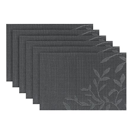 Fanuk Placemats Set of 6 Washable Heat Insulation Non-slip Woven Vinyl Place Mats for Kitchen and Dining Room （Black Leaf）