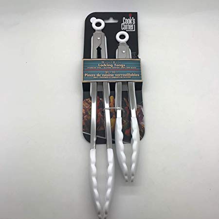 Cook's Corner 9" & 12" Stainless Steel Locking Tongs w/Silicone Grip & Heads (White)
