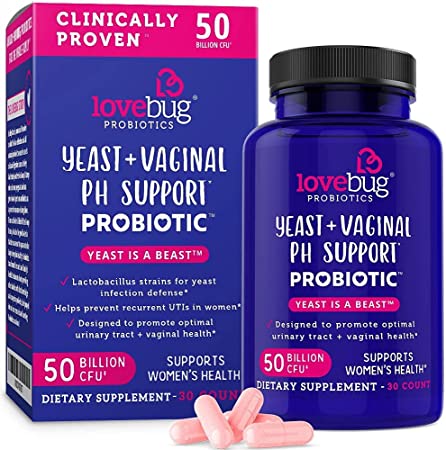 LoveBug Probiotics Complete Women's Health, 50 Billion CFU Vaginal Care and pH Balance Probiotic, Proven Ingredients with Pacran, Promotes Urinary Tract Health, Advanced Strength, 30 Capsules