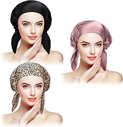 3 PCS 100% Mulberry Silk Night Sleeping Cap for Women Long Hair Bonnet Smooth Lightweight Breathable Soft Sleeping Hat with Elastic Ribbon for Sleeping Hair Care(Black,Leopard,Deep Pink)