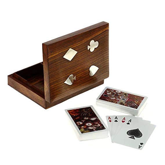 Artisans Of India Playing Cards Holder Box Standard Bicycle Double Deck Wooden Storage Case with Ace Designed Brass Inlay for Kids Adults