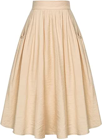 Belle Poque Women's Faux Linen Skirt with Pockets Vintage Swing Skirt Elastic Waist Flared A Line Skirts