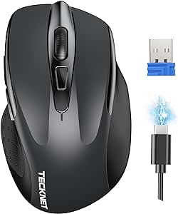 TECKNET Mouse Wireless Ricaricabile, Silenzioso Mouse Senza Fili, Riduzione Rumore Fino a 90%, 4800 DPI, 6 Pulsanti Mouse Ergonomico, 2.4G Mouse USB Compatibile con PC Portatile, Mac, Laptop