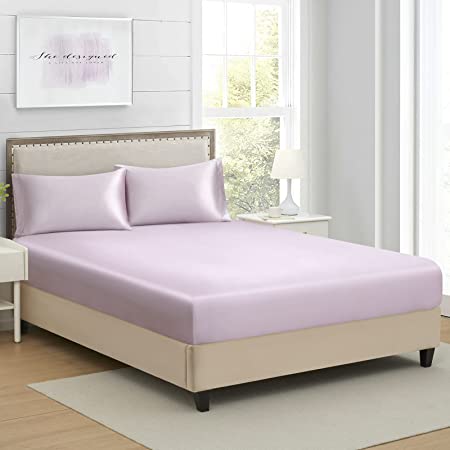 King Silk Satin Fitted Sheet, Soft Deep Pocket Single Bottom Bed Sheets Sold Separately, Wrinkle Free, Non- Fading, Breathable, Fully Elasticized( King Size, Light Purple)
