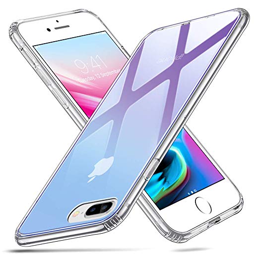 ESR Mimic Tempered-Glass Case, for iPhone 8 Plus/7 Plus, Upgraded 9H Tempered-Glass Back, Feels Like a Caseless Phone, with Soft TPU Bumper and Shock-Absorbent Corners, Purple Blue Crystal