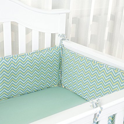 TILLYOU Breathable Crib Bumper Pads for Standard Cribs(Baby Boys & Girls), 27x52- Premium Woven Cotton and Microfiber Fill-in Padded Crib Liner, 4 Piece/Green Zigzag Chevron