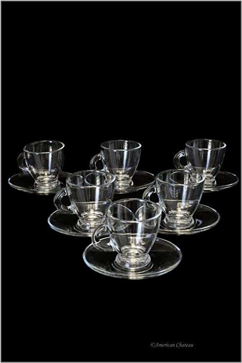 Set of 6 Glass 3.25oz Demitasse Espresso Cups Glasses with Saucers