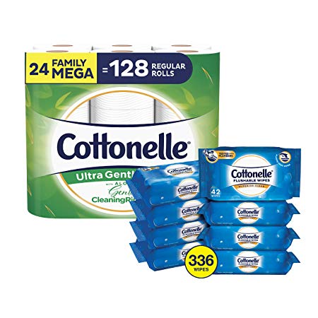 Cottonelle Toilet Paper Bundle – Cottonelle Ultra GentleCare Toilet Paper, 24 Mega Rolls and Cottonelle FreshCare Flushable Wipes, 8 Packs, 42 Wipes Per Pack (336 Wipes Total)