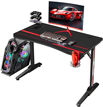 Flamaker Gaming Desk 44 Inch Gaming Table Computer Desk Gamer Table T Shape Game Station with Large Carbon Fiber Surface, Cup Holder & Headphone (Black)