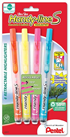 Pentel Handy-line S Retractable Highlighter, Chisel Tip, Assorted Ink Colors, 4/ Pack (SXS15BP4M)