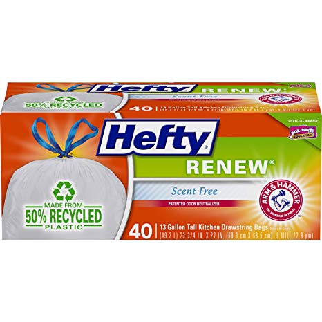 Hefty Renew Recycled Plastic Tall Kitchen Drawstring Trash Bags (13 Gallon, 40 Count)