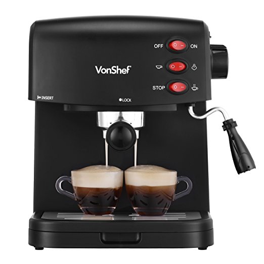 VonShef 15 Bar Pump Espresso Coffee Maker Machine - Create Espressos, Lattes, Cappuccinos & More!