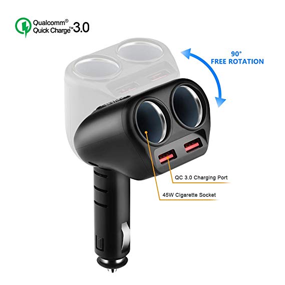 Rocketek Quick Charge 3.0 Car Charger, 2 Cigarette Lighter Splitter 12V/24V Multi-Function Power Adapter Socket Extension with Dual USB Chargers for Sat Nav, iPhones, iPad, Android Phones, Dashcam