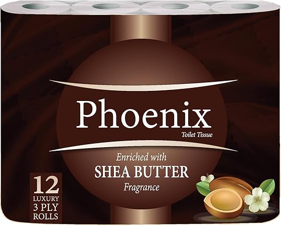 Phoenix Soft Shea Butter Fragranced Luxury Toilet Rolls Bulk Buy - Quilted White 3 Ply Toilet Paper (12 Pack)