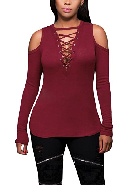 FARYSAYS Women's Sexy Cold Shoulder Blouse Lace-Up Ribbed Tops